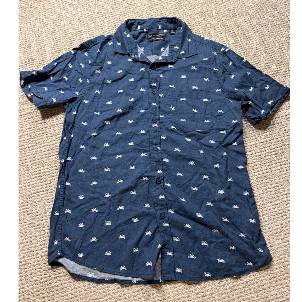 Saks Fifth Avenue Shirt Mens Medium Blue Linen Blend Button Up Chambray AOP Crab